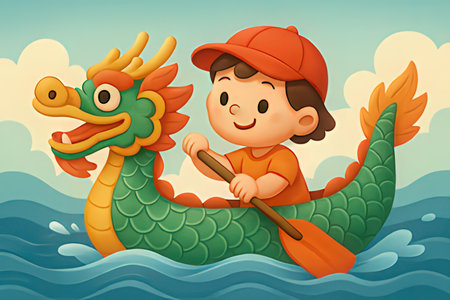 Cartoon boy paddling dragon boat in the sea illustration for childrenの写真素材