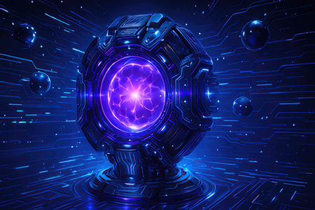 3d rendering of abstract cyber globe with glowing energy ball inside on blue background