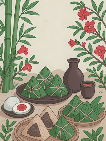 Illustration of dumplings in bamboo leaves. Vector illustration.の写真素材