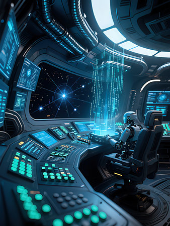 Spaceship interior with blue lights and controls, 3d rendering