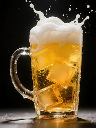 Mug of beer with ice cubes on a black background. Close-up.の写真素材