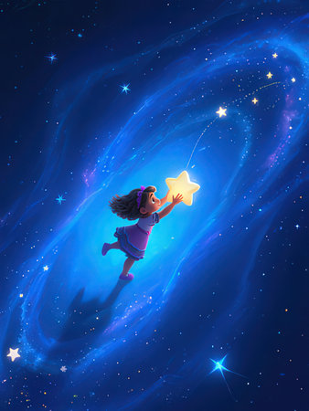 Cute little girl flying with a star in her hand. Illustrationの写真素材