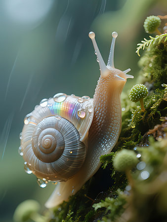 Snail on a moss in the rain. Close-up.の写真素材