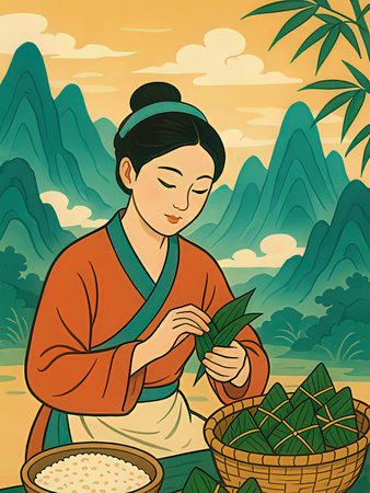 Illustration of Asian woman making rice dumplings in the fieldの写真素材