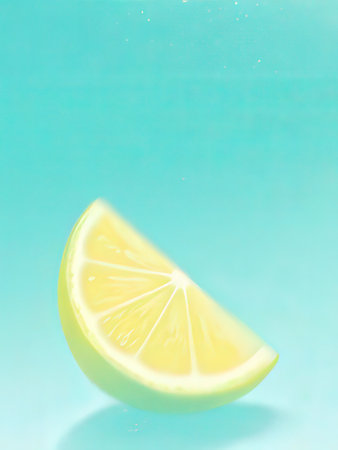 Lemon in water on blue background. Copy space for text.の写真素材