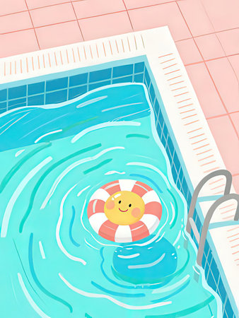 Swimming pool with a lifebuoy. Vector cartoon illustration.の写真素材