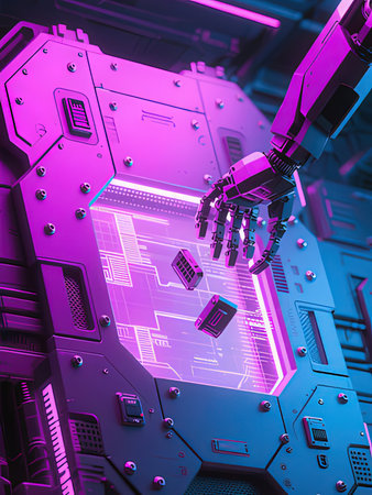 3d rendering robotic hand with microcircuit on circuit board background