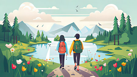 Couple walking in the mountains. Vector illustration in flat cartoon styleの写真素材