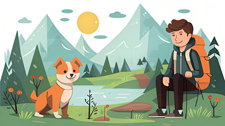 Man hiking with dog in mountains. Vector illustration in flat style.の写真素材