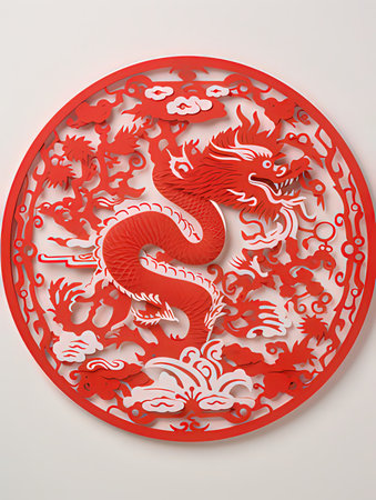 Chinese paper-cut works, Chinese characters mean good luck and wealthの写真素材