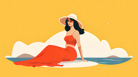Beautiful woman in a hat on the beach. Vector illustration.