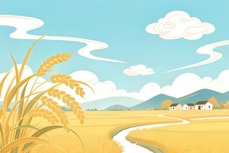 Illustration of a rice field with a small village in the backgroundの写真素材