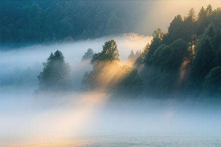 Morning fog over the lake in the mountains. Beautiful nature background.