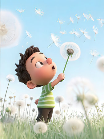 Little boy blowing dandelion in the meadow. 3D renderingの写真素材