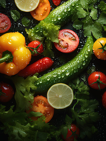 Fresh vegetables with water drops on black background, top view. Healthy food conceptの写真素材