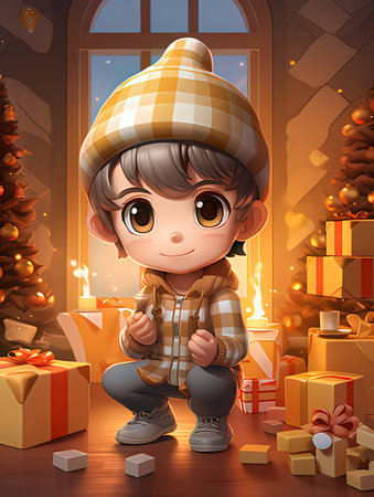 Cute boy in the room with christmas tree and presents illustrationの写真素材