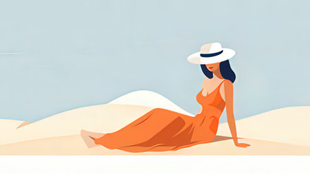 Illustration of a girl in a hat sitting on the sand.の写真素材
