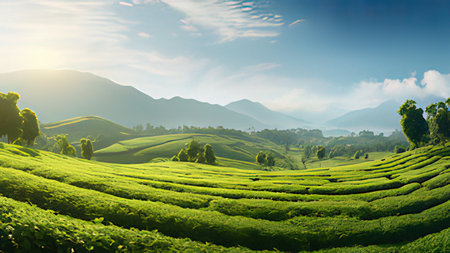 Tea Plantation at Sunrise, Chiang Rai Province, Thailand.の写真素材