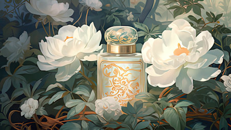 Illustration of a perfume bottle surrounded by white peony flowers.