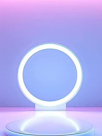 Abstract minimal scene with round podium and neon lights. 3d renderの写真素材