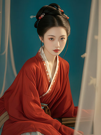 3D rendering of a beautiful Japanese geisha in a red kimonoの写真素材