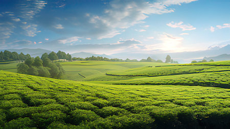 Tea plantation in the morning. Nature background. Panoramic view.の写真素材