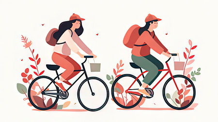 Couple in love riding bicycles. Vector illustration in flat cartoon styleの写真素材