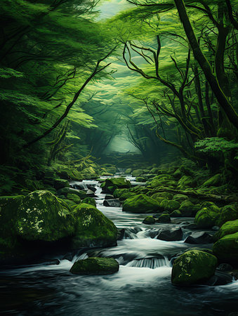 Fantasy landscape with a river flowing through a green forest with stonesの写真素材