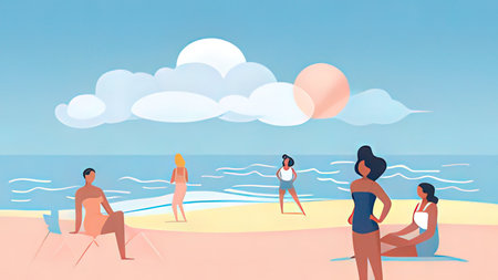 Vector illustration of people on the beach in summer. People relax on the beach.の写真素材