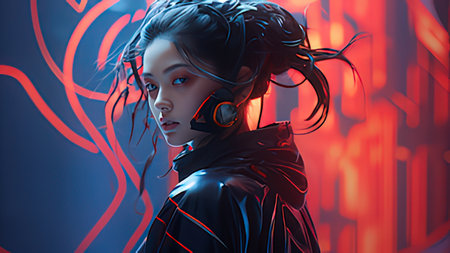 Futuristic girl with futuristic hairstyle. Portrait of a beautiful young woman in a futuristic costume.の写真素材