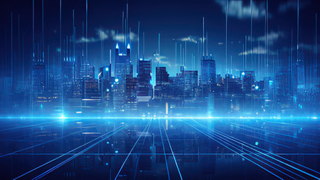Abstract future city background with glowing lines and grid. 3D Renderingの写真素材