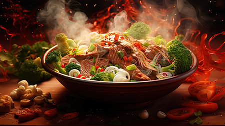 Bowl of asian noodle with vegetables and meat on fire backgroundの写真素材
