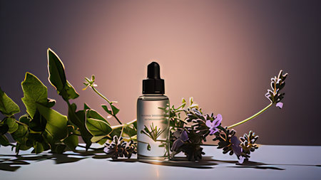 Essential oil in glass bottle with lavender flowers. 3d illustration