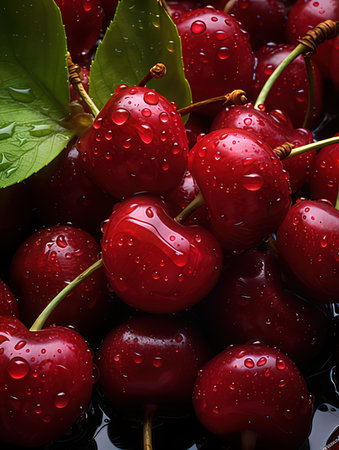 Red cherries with water droplets on a dark background. Close-up.
