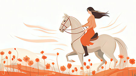 Illustration of a girl riding a horse in a field of poppiesの写真素材