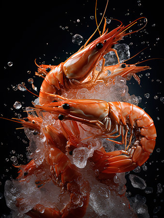 Shrimp in ice on a black background. 3d illustration.の写真素材