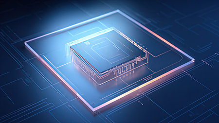 3D rendering of a CPU on a blue background with a neon glow