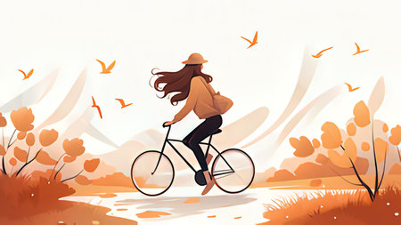 Young woman riding a bicycle in the autumn park. Vector illustration.