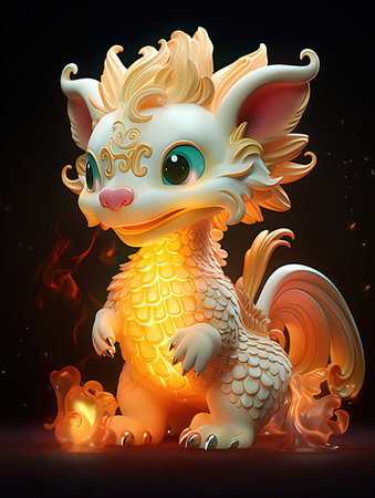 3d rendering of a cute golden dragon in a dark background.の写真素材