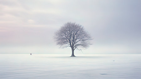 Winter landscape with lonely tree in foggy lake.の写真素材