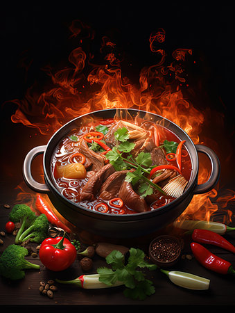 Bowl of beef soup with vegetables and spices on a dark background