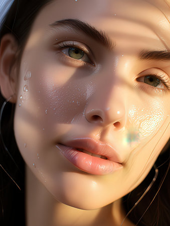 3d rendering of a beautiful girl with water drops on her faceの写真素材