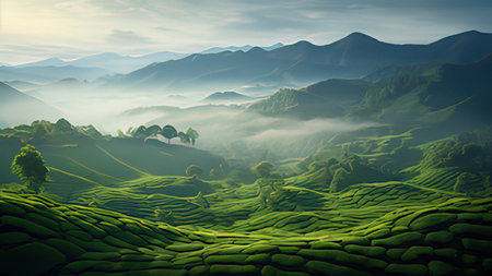 Landscape view of tea plantations at sunrise. Nature landscape background.の写真素材