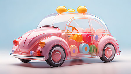 Cute pink retro car with colorful balloons in the shape of a heart. 3d renderingの写真素材