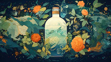 Illustration of a bottle with flowers and leaves.の写真素材