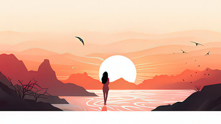 Woman on the background of the mountains and lake. Vector illustration.