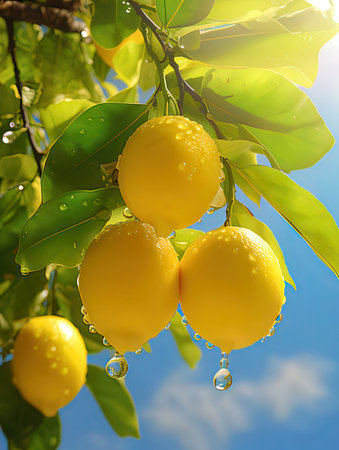 Fresh lemons hanging on lemon tree branch with water drops on blue sky backgroundの写真素材
