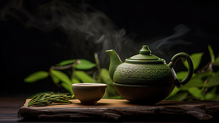 teapot and cup of tea on wooden table with green tea leavesの写真素材
