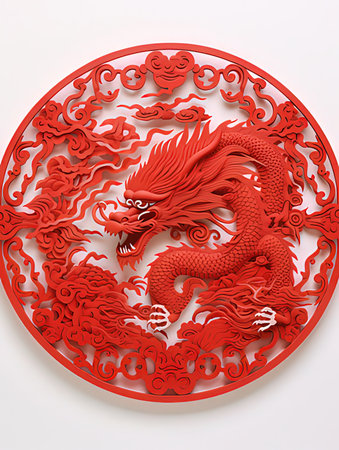 Chinese paper-cut dragon, chinese characters mean good luck.の写真素材