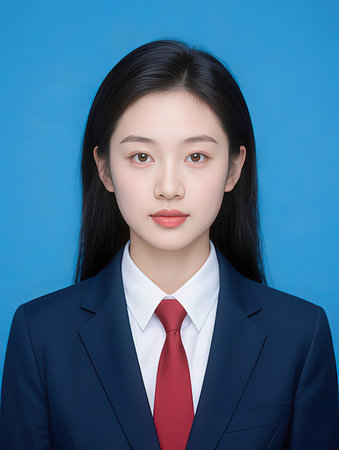 Portrait of young businesswoman on blue background, asian beautyの写真素材